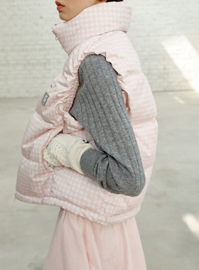 YANAG原创设计红色拉链灰黑粉色格纹鹅绒马甲无袖立领保暖外套冬