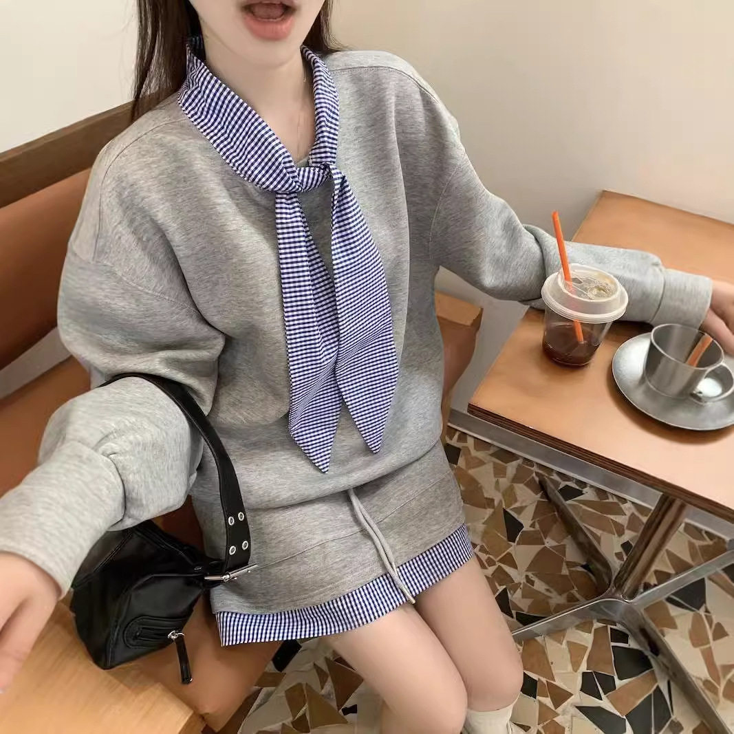 早秋穿搭一整套女2026时尚撞色格子系带卫衣高腰A字裙半身裙套装,女装/女士精品,休闲运动套装,淘宝优惠券,粉丝福利购,淘宝优惠卷