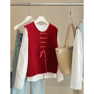 春秋季新中式国风盘扣针织马甲背心坎肩叠穿白色内搭衬衫两件套女