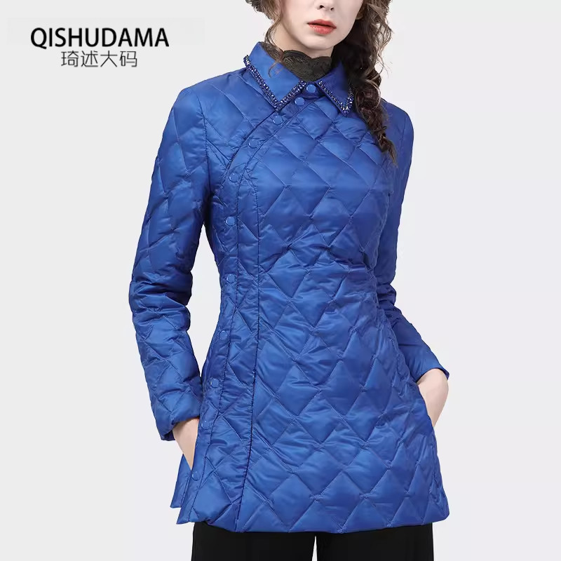 国潮设计感钉珠羽绒服女秋中长款保暖白鸭绒轻薄外套羽绒衣