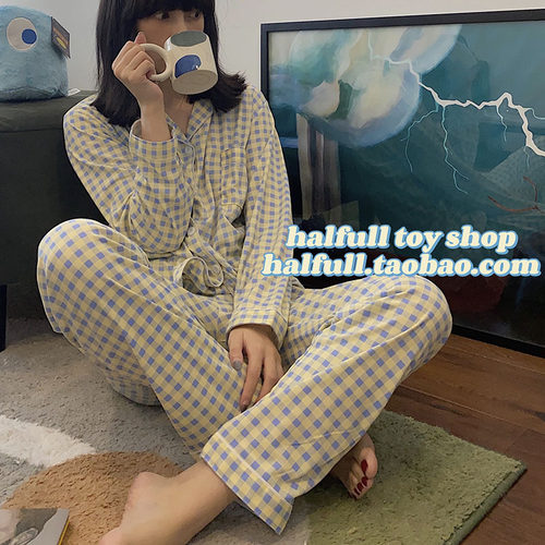 【halfull】清新少女格子长袖家居服甜美秋季印花睡衣套装 蓝黄格
