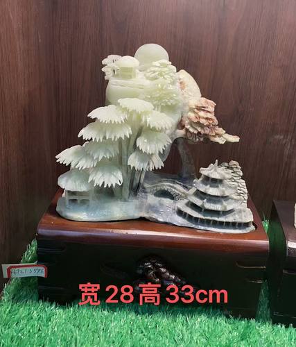 岫玉摆件山水天然玉石手工雕刻俏色巧雕