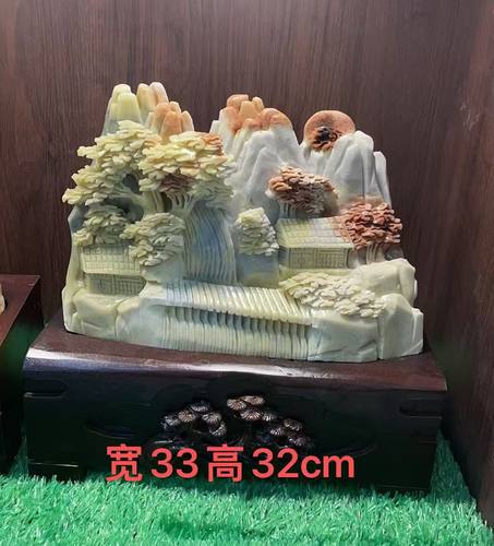 岫玉摆件山水天然玉石手工雕刻俏色巧雕