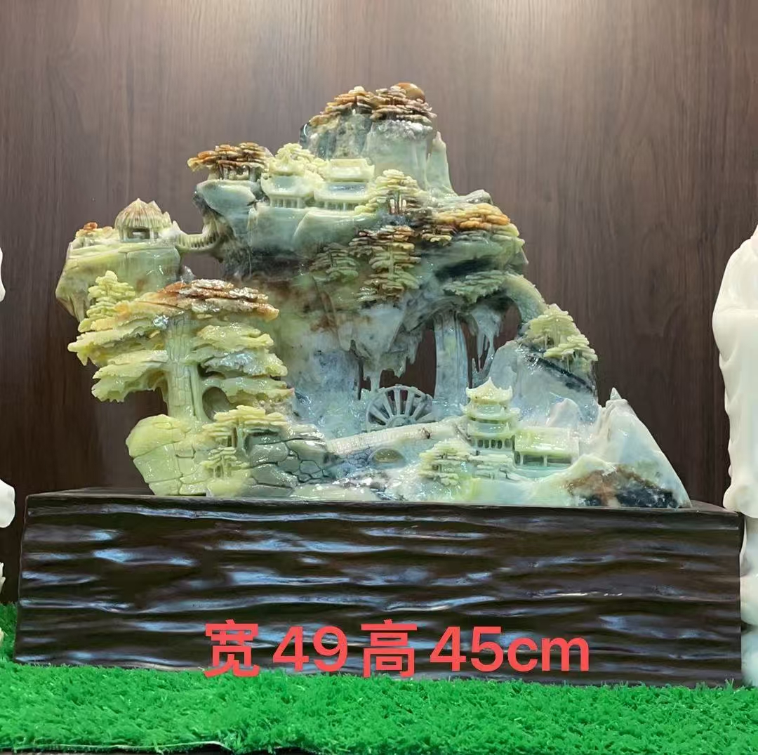 岫玉摆件山水天然玉石手工雕刻俏色巧雕