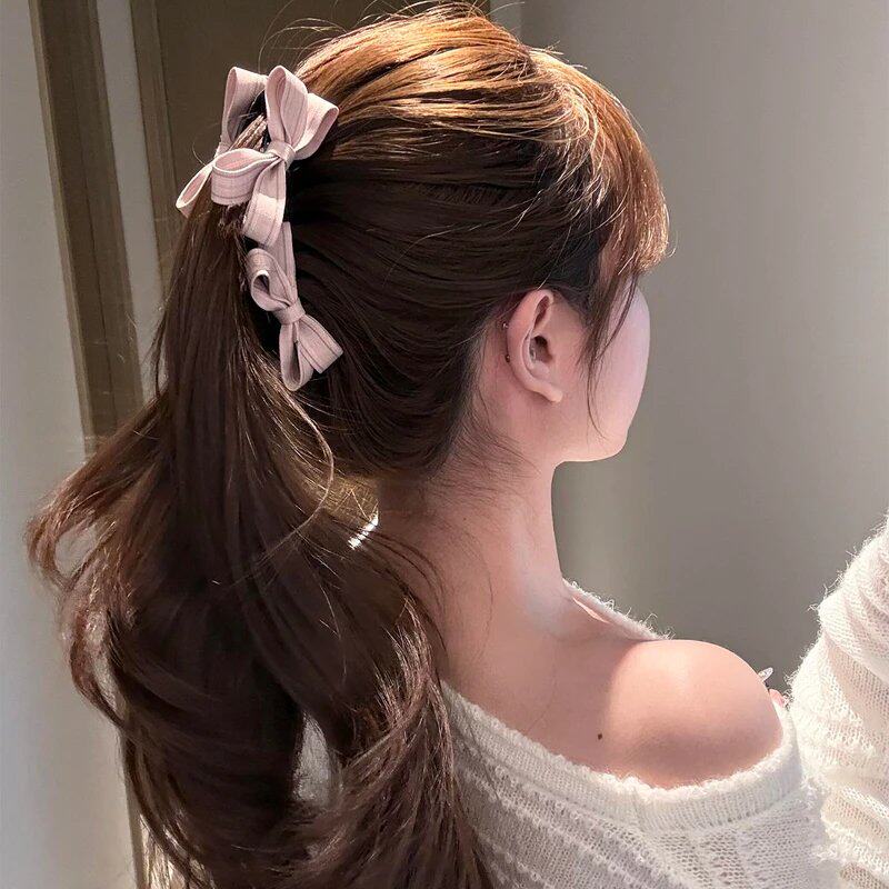 超温柔粉色双面蝴蝶结香蕉夹竖夹女高马尾发夹后脑勺抓夹发饰发卡