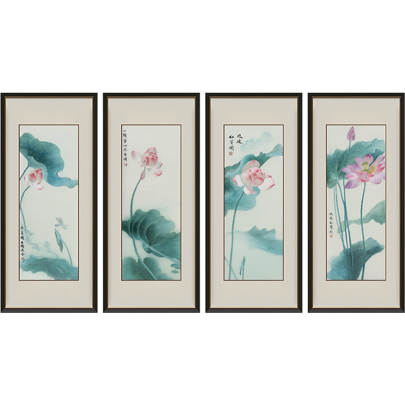古艺苏绣精品四条屏荷花非遗礼品