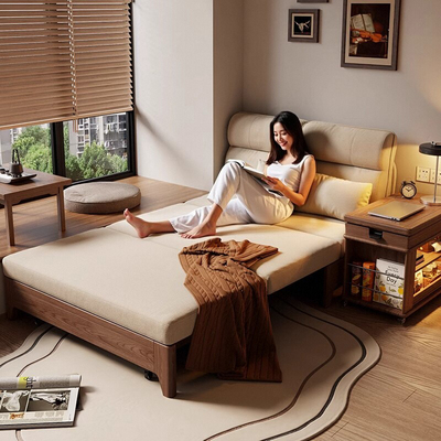 实木沙发床折叠两用2025新款书房小户型可推拉伸缩两用一体实木床