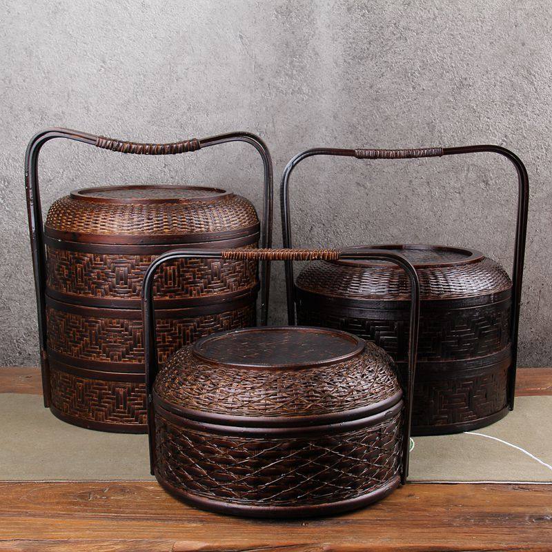 食盒 竹篮子礼盒食物篮月饼包装三层提篮 两层提盒送饭篮包邮