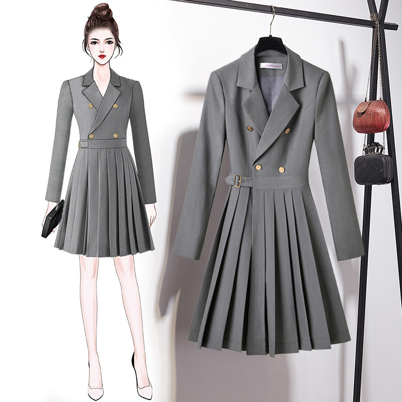 2022秋职业双排扣高腰显瘦西装连衣裙气质轻熟风长袖通勤A百褶裙