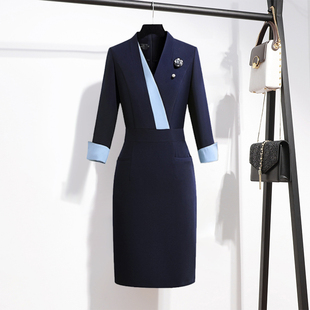 职业连衣裙女春夏新款气质显瘦酒店前台工作装珠宝店美容师工作服
