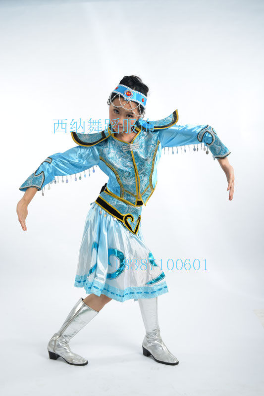 2021精品促销蒙古族蓝色裙摆舞蹈演出舞台表演少数民族服装舞女装