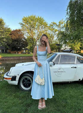 JELLY 轻奢定制夏季蓝色连衣裙 收腰复古法式博主同款a摆无袖长裙