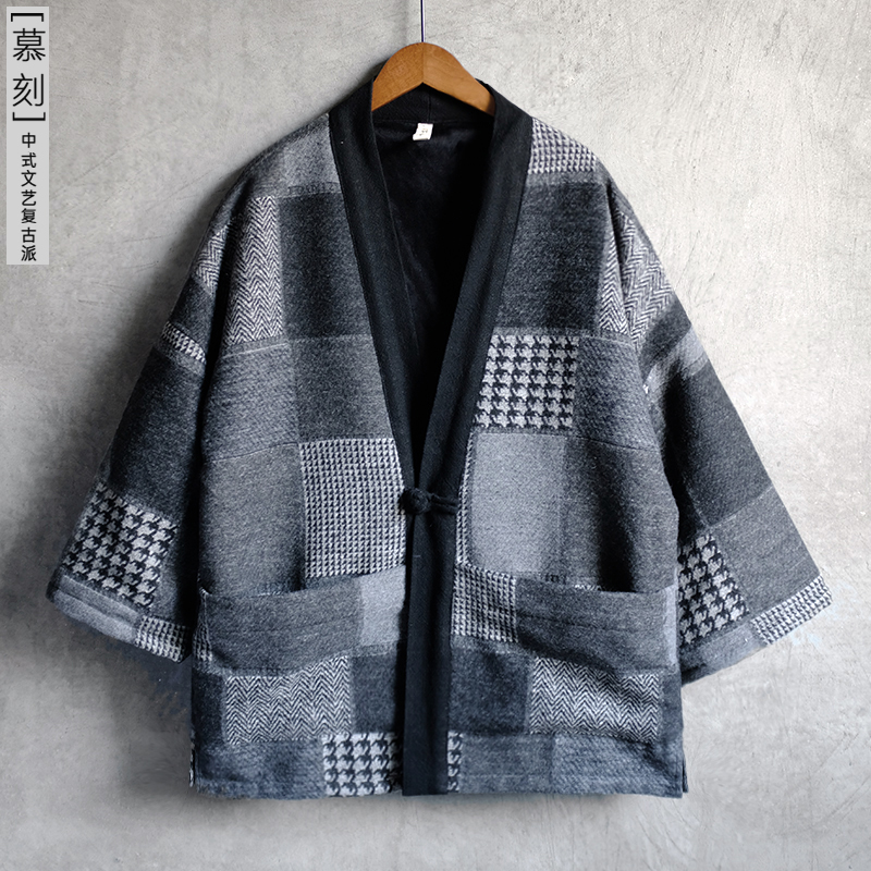 原创毛呢格子外套男汉服中式复古风文艺落肩休闲短款道袍呢子大衣 - 淘宝联盟商品
