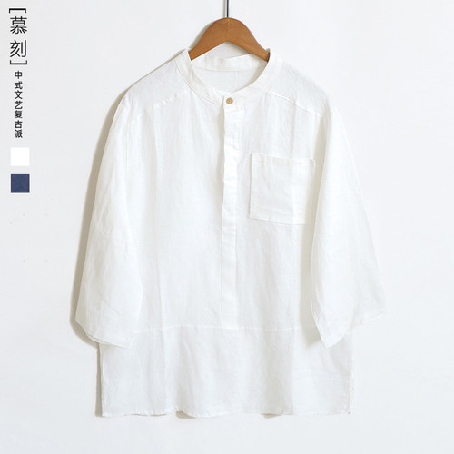 亚麻7分袖立领复古青年潮流衬衫