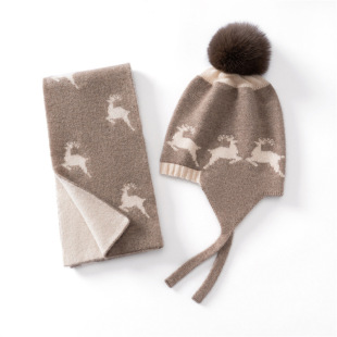 儿童小鹿围巾100纯山羊绒男女童保暖小围脖护耳包头帽子围巾套装