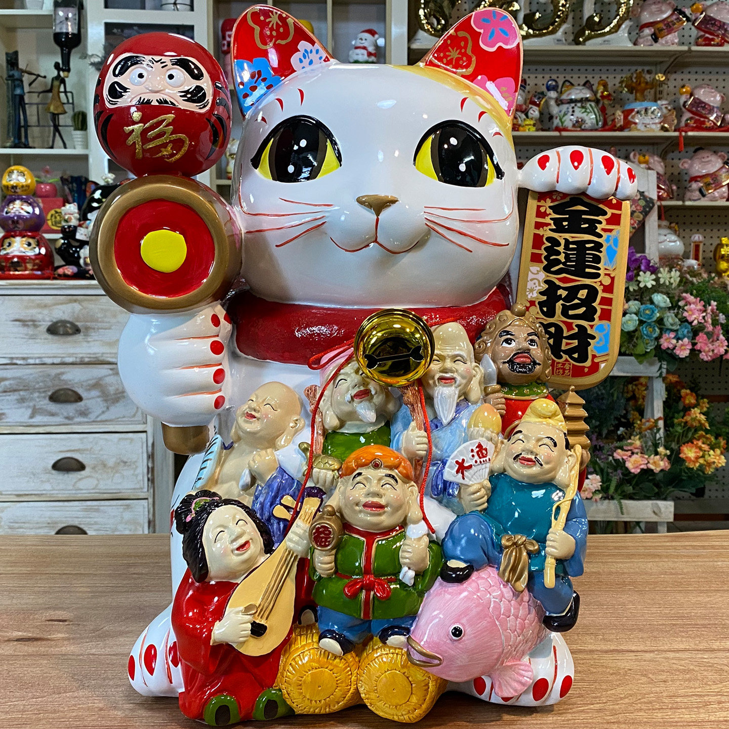 金石工坊25寸特大号七福神招财猫睁眼摆件金运万岁超大号开业礼品