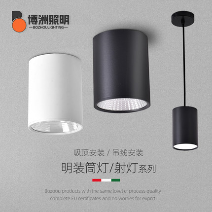 明装筒灯全光谱免开孔商场餐厅中性光圆柱形led吊装吸顶吊线射灯