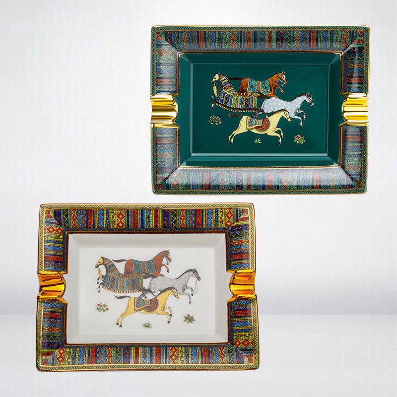 德国进口雪茄烟灰缸陶瓷欧式双槽彩绘家用金属雪茄烟缸