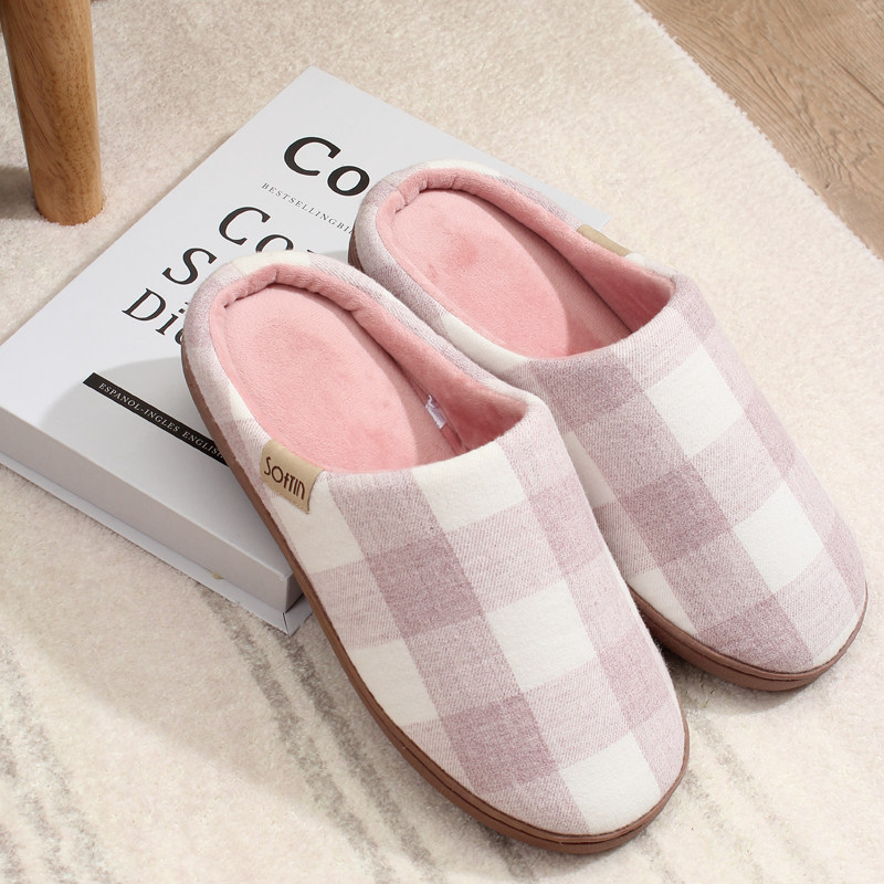 秀足素雅格子棉布侧缝厚底秋冬季家居鞋防水防滑舒适保暖男女拖鞋