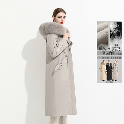 白鹅绒长款过膝双胆羽绒服派克服