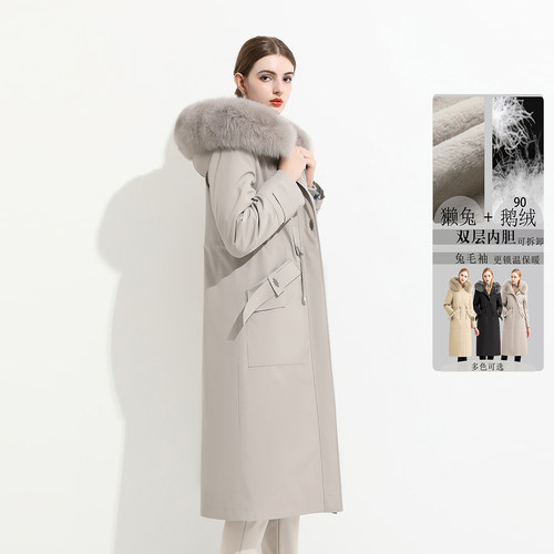 白鹅绒长款过膝双胆羽绒服派克服