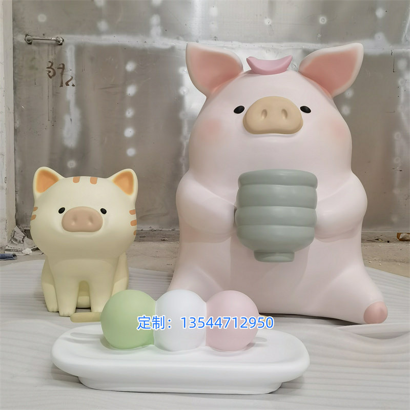 商业主题公仔摆件玻璃钢猪卡通模型荷花猪造型雕塑仿真动物定制