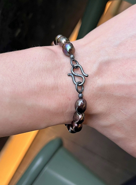 男士天然淡水珍珠手链黑色孔雀黑仿大溪地色纯银扣酷帅简约质感好
