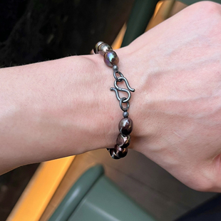 男士天然珍珠手链黑色孔雀黑大溪地色纯银扣酷帅简约质感好高端