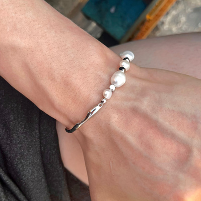 男士女天然淡水巴洛克珍珠手链手串钛钢不规则随形半镯拼结不掉色