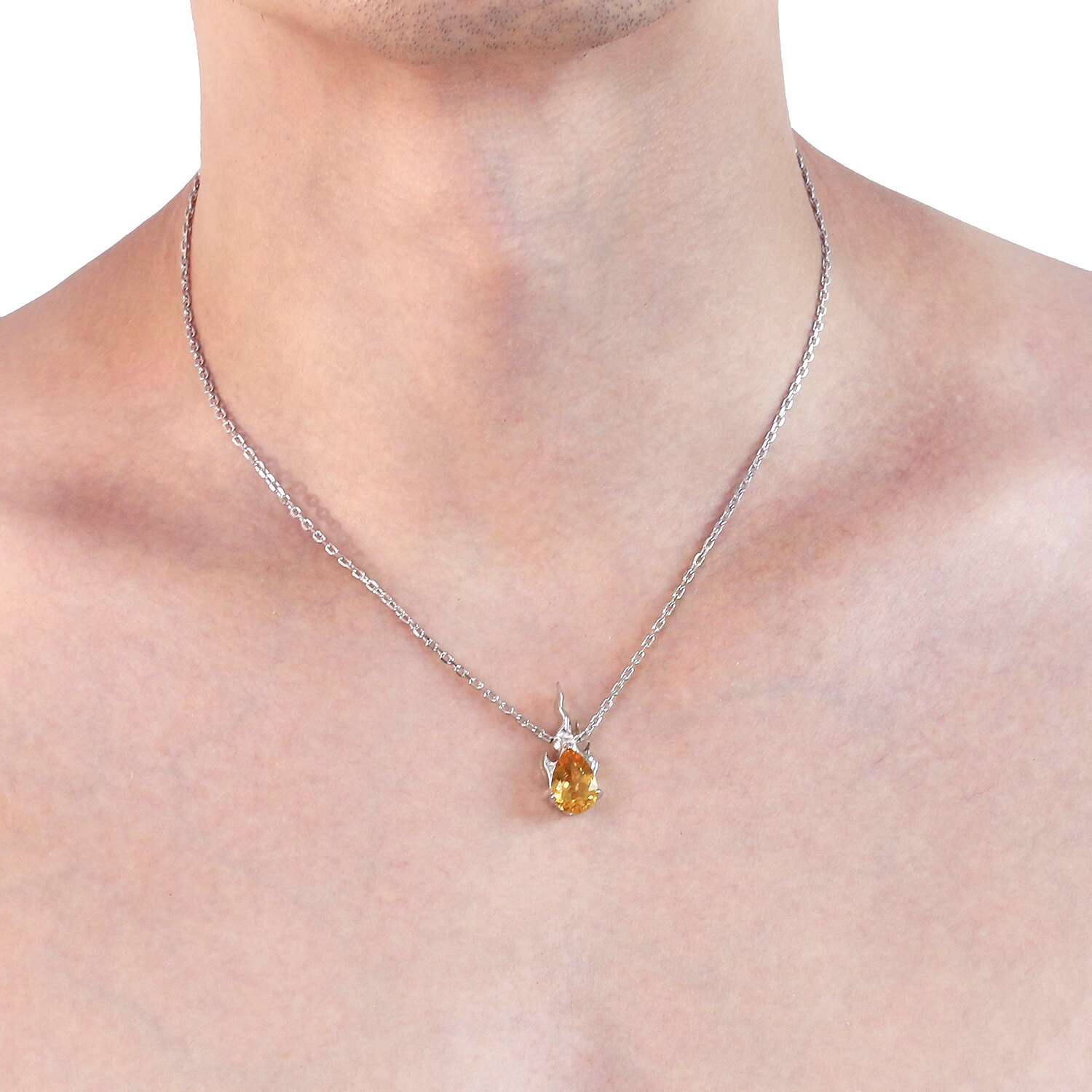 男士女士同款天然黄水晶火焰项链925纯银镶嵌吊坠彩宝锁骨链正品