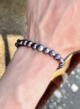 男士女士天然珍珠手链巴洛克异形不规则随形大溪地色黑色炫彩