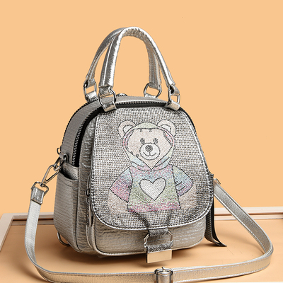 袋鼠休闲女士双肩包涤棉镶钻