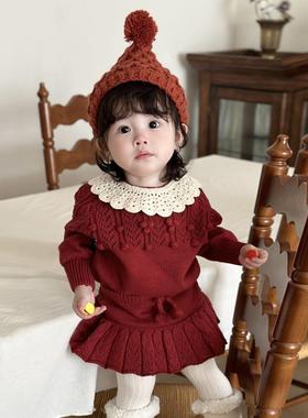 儿童毛衣套装洋气红色生日衣服ins风女宝宝韩版春装周岁拍照新年