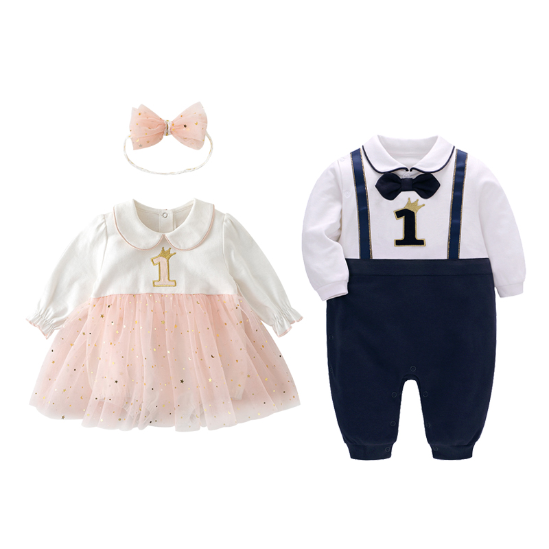 龙凤胎婴儿衣服春春秋婴儿连体衣礼服一周岁宝宝拍照长袖洋气哈衣