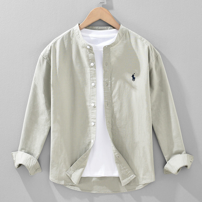 现代新潮刺绣小马标长袖衬衫男士立领宽松休闲棉麻衬衣春夏薄2524,男装,衬衫,淘宝优惠券,粉丝福利购,淘宝优惠卷