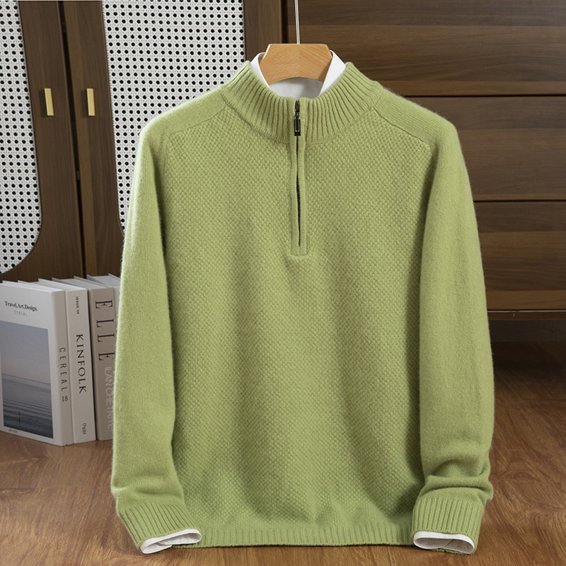 秋冬季35%羊绒休闲商务百搭7针圆领玉米粒半开拉链羊绒衫男装
