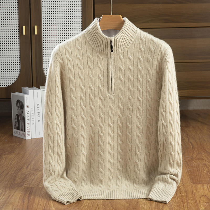 秋冬季35%羊绒休闲商务百搭7针加厚半开拉链麻花羊绒衫男装