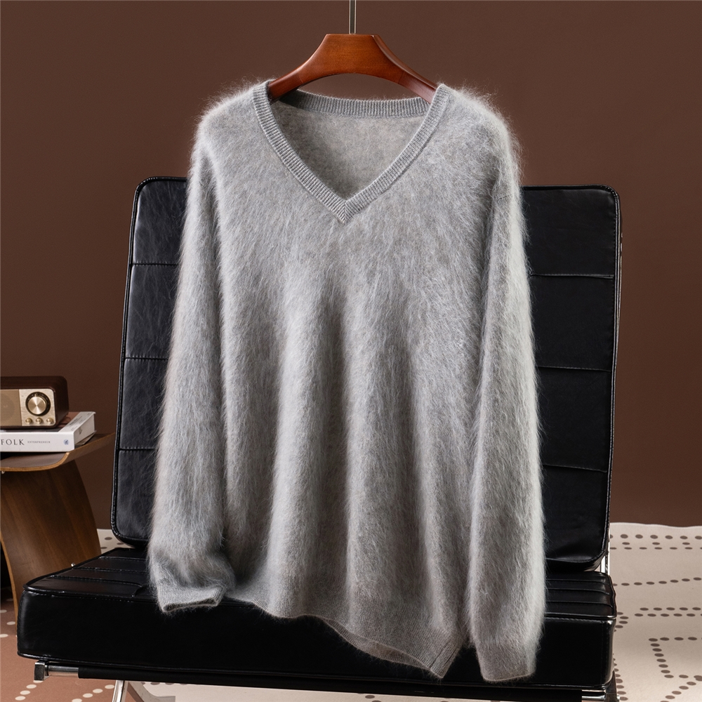 高端暖男拉绒纯山羊绒衫休闲厚毛衣2025秋冬V领保暖男士针织上衣
