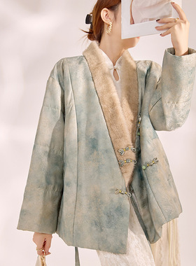 新中式女装秋冬高级感刺绣V领拼接新款人丝棉服外套 TJ款MX080