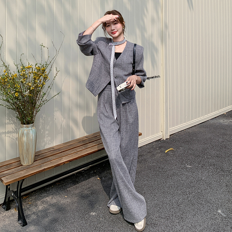 灰色高级感休闲西服阔腿裤两件套女2025春季新款韩系高腰显瘦套装