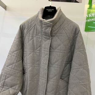 欧货立领毛毛拼接菱格加厚羊毛呢棉服外套女冬季保暖休闲夹克棉衣