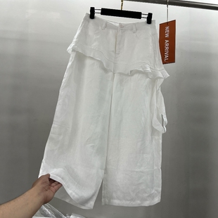 欧韩高端荷叶边飘带屁帘亚麻阔腿裤女夏季薄款气质老钱休闲九分裤