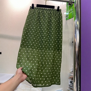 欧货松紧高腰波点苎麻开叉半身裙女夏季薄款显瘦中长款A字包臀裙