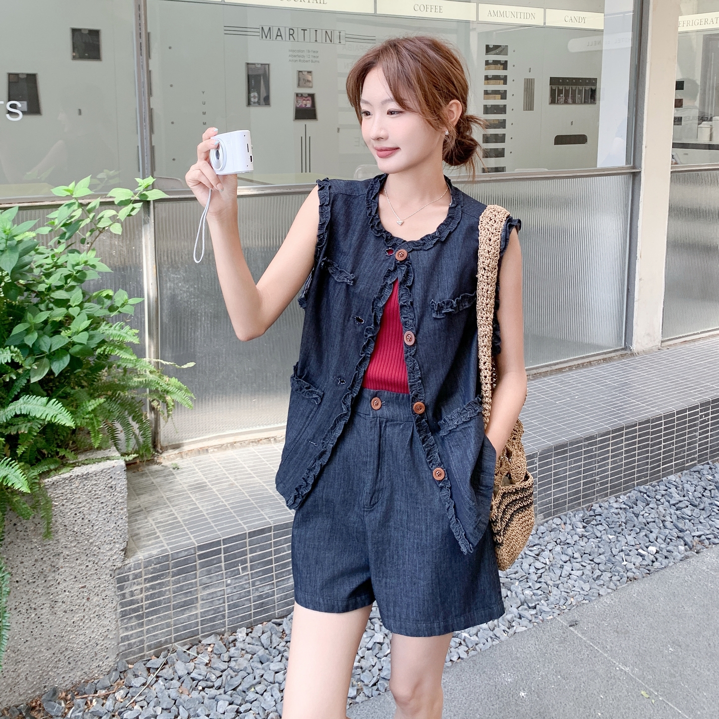 韩版时尚套装女2025夏季新款木耳边牛仔马甲+高腰显瘦短裤两件套