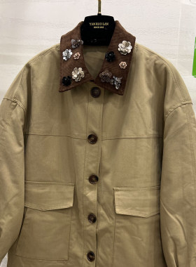 灯芯绒翻领夹棉风衣外套棉服