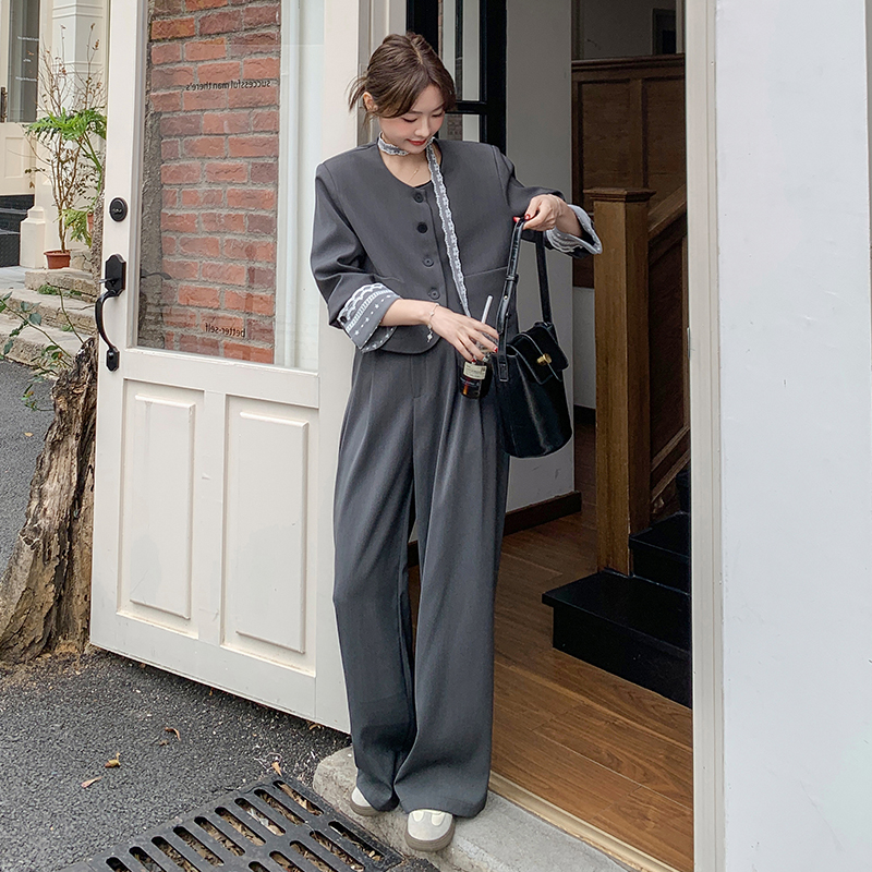 灰色飘带蕾丝拼接气质外套阔腿裤两件套女2025春新款西装穿搭套装