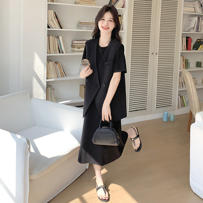 黑色西装马甲连衣裙套装女2025夏季新款宽松高级感裙子