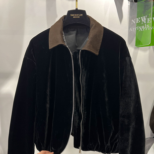欧货pu皮翻领复古金丝绒棒球服外套女秋季休闲宽松高级感夹克上衣