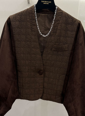 压棉拼接麂皮绒棒球服短外套女秋