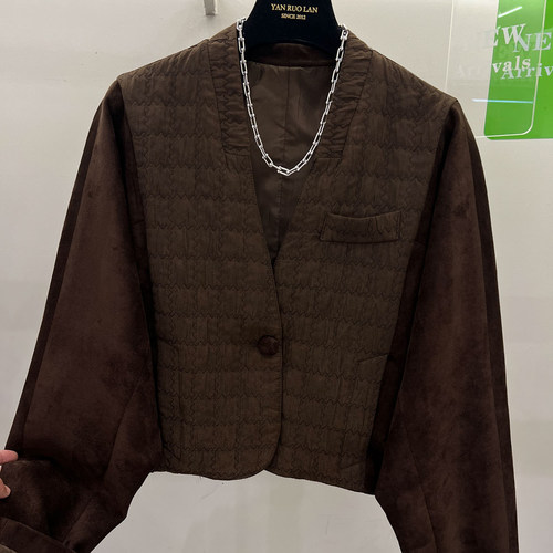 压棉拼接麂皮绒棒球服短外套女秋